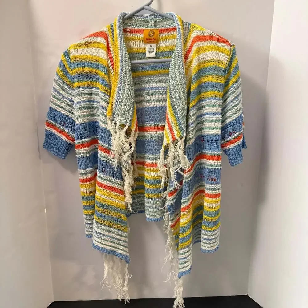 Ruby‎ Rd. Petite Multicolor Striped Fringe Open Front Cardigan Size PL
